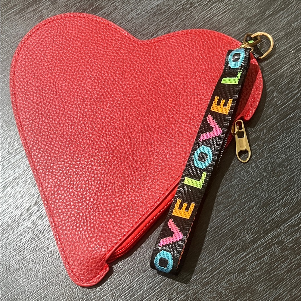 Red Heart-Shaped Faux Leather Clutch with LOVE Strap